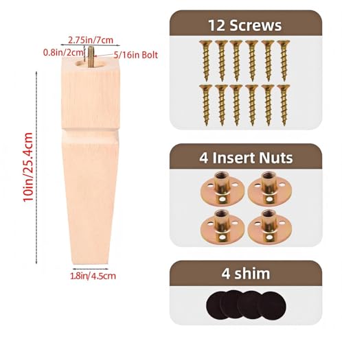 10" H*2.75" W Square Unfinished Oak Furniture Legs - Heavy Duty Mid Century Tall Wooden Legs Set of 4 for Tables, Bench, Ottomans - with Installation Hardware (Natural) - color: Plain Wood Color, size: 10"H*2.75"W