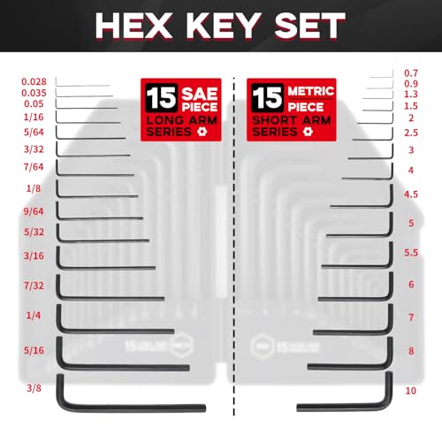 Reniteco 30 PCS Hex Head Key Allen Wrench Tool Set Organizer Kit Alloy Steel L Shape Black Metric (0.7-10 mm) SAE (0.028"-3/8") Standard In Storage Case Long Short Arm