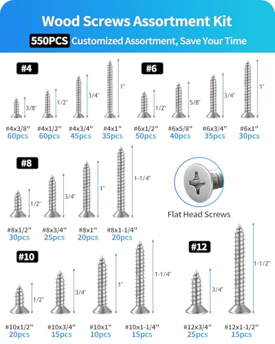 550Pcs 304 Stainless Steel Wood Screws Assortment Kit, Phillips Flat Head Sheet Metal Screw Self Tapping Screws Set, #4#6#8#10#12 Wood Assorted Screws, Length 1/4" to 1-1/2" (Flat Head 550PCS) - style: Flat Head 550PCS