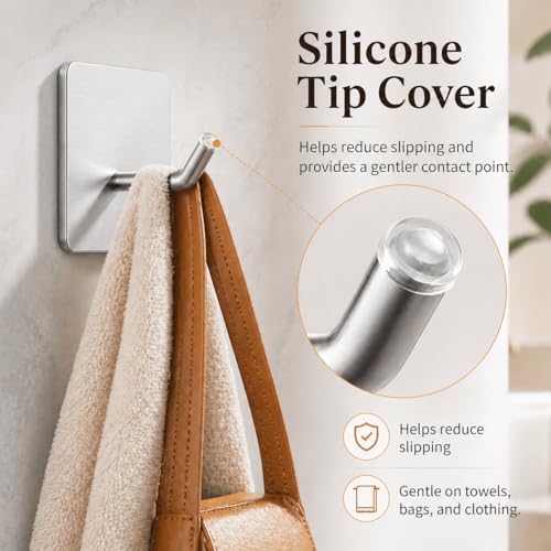 4 Pack 304 Stainless Steel Adhesive Wall Hooks, No Drill Hangers