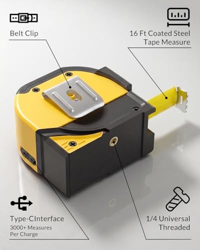 TEPU Laser Tape Measure 4-in-1, 197FT Laser Distance Meter with 16FT Tape - color: Yellow-black