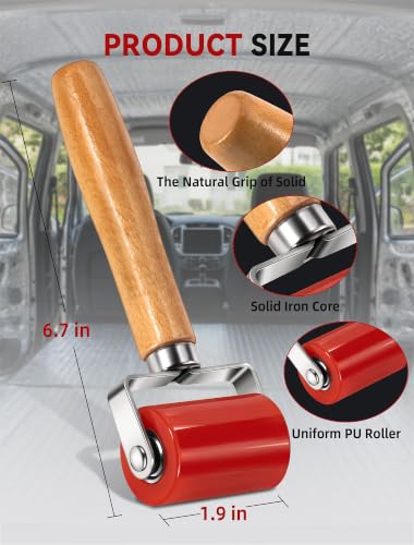 LUMITECO Automotive Sound Deadening Roller Tool, Upgraded Dual Bearing PU Seam Roller with Ergonomic Wood Handle for Car Audio Sound Deadener, Heat Insulation Mat Installation, Wallpaper, Vinyl Wrap - color: Red