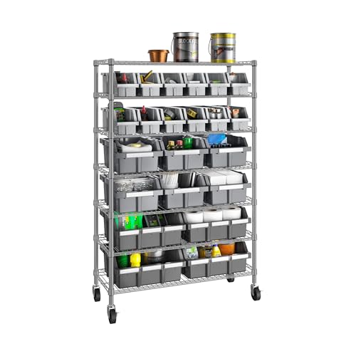 7-Tier NSF 22-Bin Steel Wire Shelving Rack, 36"W x 14"D x 56"H, Gray | 22 slide-out bins with tilt-lock design keep supplies organized and accessible - color: Gray, size: 22 Bin