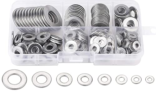 DYWISHKEY 268PCS 8 Sizes Flat Washers Assortment Kit, 1/2 3/8 5/16 1/4 12# 10# 8# 6#, 304 Stainless Steel