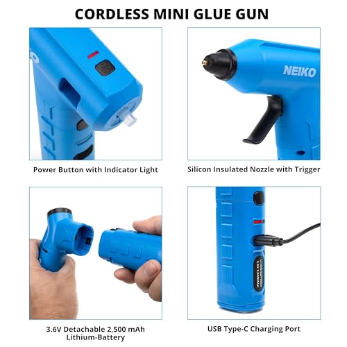 NEIKO 10582A Cordless Glue Gun, 20W Rechargeable Hot Glue Gun, 20 Glue Sticks Included, Wireless Anti Drip Nozzle Mini Glue Gun for Arts and Crafts, Mini USB Charging Port, Insulated Nozzle - style: Cordless Quick Heating Glue Gun