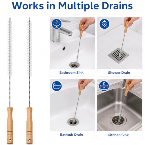 Drain Cleaning Brush, 28" Flexible Drain Cleaner Tool, Wooden Handle, 2Pack