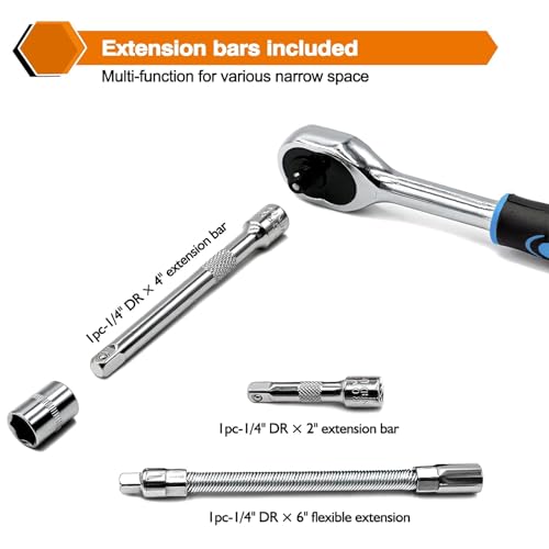 Egofine 46 Pieces 1/4 inch Drive Socket Ratchet Wrench Set, with Bit Socket Set Metric and Extension Bar for Auto Repairing and Household, with Blue Storage Case - style: 1/4" 46 PCS-Blue