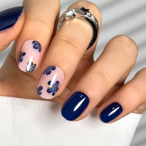CurvLife Extra Short Square Floral Press On Nails, Navy Petal, Soft Gel - color: C1 - Navy Petal