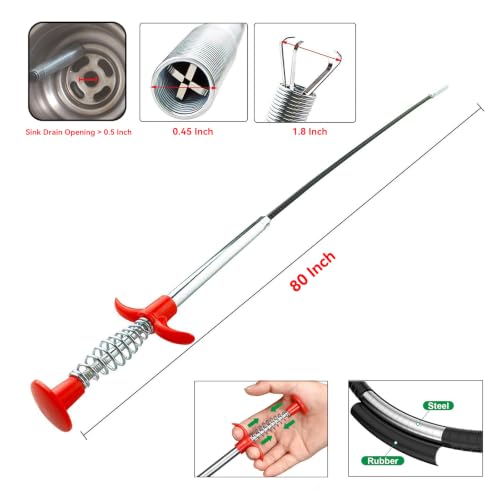 80-Inch Flexible Drain Snake with 4-Claw Grabber for Sink & Shower Clogs - style: 80 IN