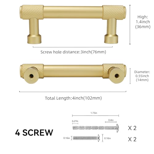 10 Pack 3Inch(76mm) Brushed Brass Kitchen Cabinet Handles Knurled Cabinet Pulls Gold Drawer Pulls Cabinet Hardware Kitchen Handles Drawer Pulls Dresser Handles - color: Brushed Brass, size: 3" Hole Center