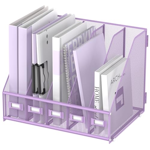 SUPEASY Desk Organizers Metal Desk Magazine File Holder with 5 Vertical Compartments Rack File Organizer for Office Desktop, Classroom, Home Workspace, Purple - color: Purple, size: Small