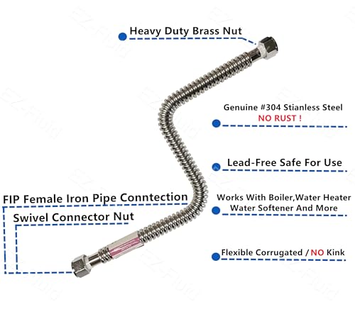 EZ-Fluid 18" x 3/4-Inch FIP x 3/4-Inch FIP Corrugated Flexible Stainless Steel Water Heater Connector Supply Line for Female Iron Water Hose Pipes Fitting,18-Inch (1-Pc) - size: 3/4-Inch FIP x 3/4-Inch FIP, 18-Inch