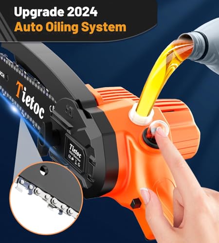 Tietoc Mini Chainsaw 6 Inch Cordless, Portable Electric Chain Saw Small Handheld Battery Powered Super Saws - color: Orange - 2 Batteries