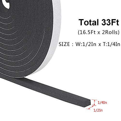 Weather Stripping Door Seal Strip for Doors and Windows, 1/2In x 1/4In x 33Ft Foam Insulation Tape Self Adhesive,Sound Proof,Weatherstrip,Pipe Cooling, Air Conditioning Seal Strip - size: 1/2 in x 1/4 in x 33 ft