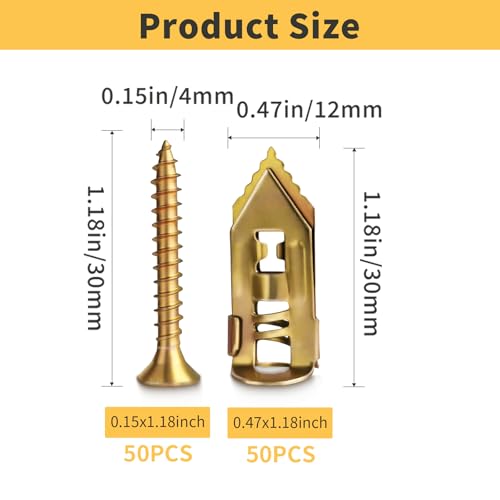 100Pcs Self Drilling Drywall Anchors and Screws Kit, Steel Wall Anchors and Screws for Heavy Duty, No Drill or Holes in Sheetrock Expansion Anchors - size: 0.47x1.18 inches