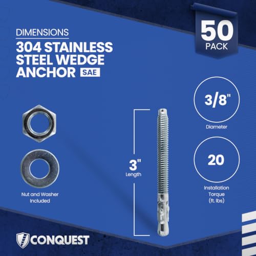 Conquest 304 Stainless Steel Wedge Anchors for Concrete 3/8” x 3” - size: 3/8" x 3"