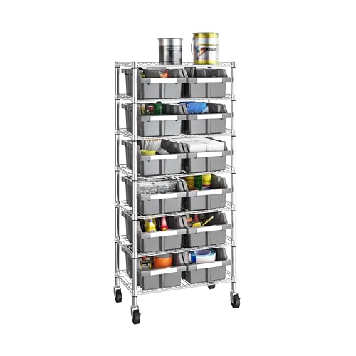 7-Tier NSF 12-Bin Steel Wire Shelving Rack, 25"W x 14"D x 56"H, Gray | 12 slide-out bins with tilt-lock design keep supplies organized and accessible - color: Gray, size: Includes 12 Bins