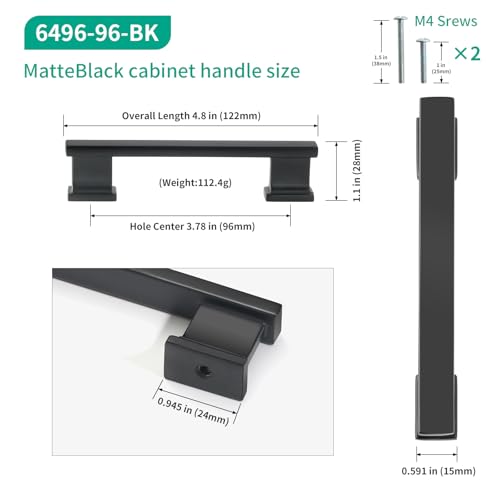 Matte Black Kitchen Square Cabinet Handles 3.75 Inch 10 Pack - color: Matte Black, size: 3.75"/96MM Hole Center