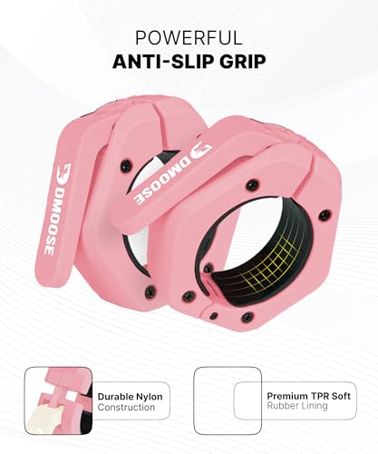 DMoose Fitness Barbell Clips 2 Inch (Pair) - Quick Release Olympic Barbell Clamps & Collars with Anti Slip TPR Grip for Secure Weightlifting and Powerlifting - Weight Clips for Bars at Home or Gym - color: Pink, style: Non Magnetic