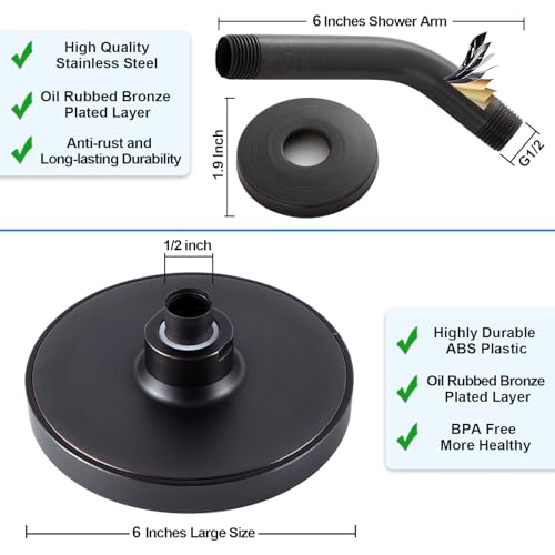 6" Rain Shower Head & 6" Shower Arm, Luxe Oil Rubbed Bronze Finish - color: Oil Rubbed Bronze, size: 6 Inch Round (1 PCS + Shower Arm)