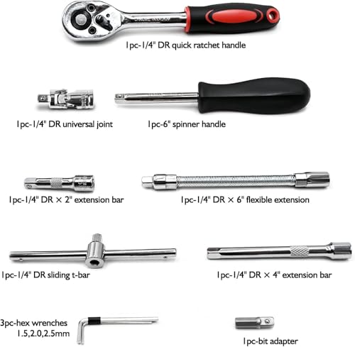Egofine 46 Pieces 1/4 inch Drive Socket Ratchet Wrench Set, with Bit Socket Set Metric and Extension Bar for Auto Repairing and Household, with Black Storage Case - color: Black