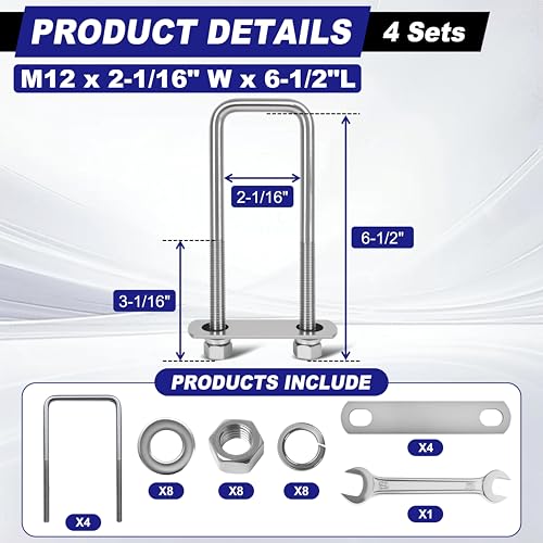 4 Sets M12 Square U Bolts 2 Inch Wide, 1/2" x 2-1/16" W x 6-1/2"L - size: M12 x 2-1/16"W x 6-1/2"L