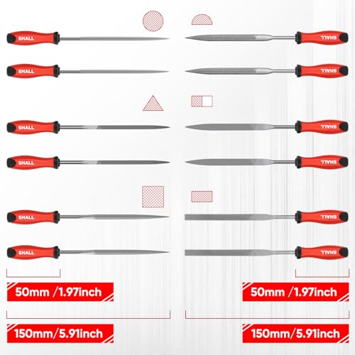 SHALL 17Pcs Metal File Set - Premium Grade T12 Drop Forged Alloy Steel - Flat/Triangle/Half-round/Round Large File & 12pcs Needle Files with Storage Box, Wire Brush - for Metal, Wood & Plastic