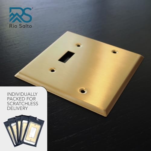 Rio Salto Metal Gold Outlet Cover or Light Switch Cover Wall Plate, Corrosion Resistant Combination Receptacle Wallplate Covers 2 Gang Single Gang Standard Size Brushed Brass (Blank Toggle Combo) - color: Combo 2-Gang Blank Toggle