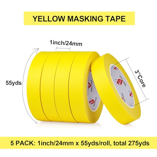 BOMEI PACK Yellow Painters Tape 1 Inch Bulk - Paint Tape 5 Rolls x 1 Inch x 55 Yards - Yellow Masking Tape for Walls Painting, DIY Crafting, and School Projects, Total 275 Yards - color: Yellow