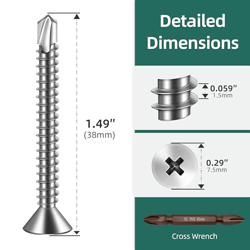 200pcs #8 x 1-1/2 Sheet Metal Self Tapping Screws Assortment Kit, 410 Stainless Steel Flat Head High-Strength Fast Self-Drilling Screws, Bright Finish - size: #8x1-1/2"