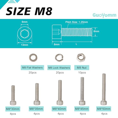 M8 x 30mm 35mm 40mm 45mm 50mm, Hex Socket Head Cap Screws Bolts Washers Nuts Assortment Kit, Stainless Steel 304, Metric Allen Drive, 70 PCS - size: Socket M8x30/35/40/45/50 mm