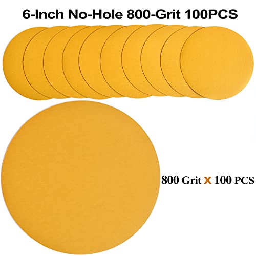 6-Inch No-Hole Hook and Loop Gold Sanding Discs 800-Grit, 100-Pack - size: 800 Grit