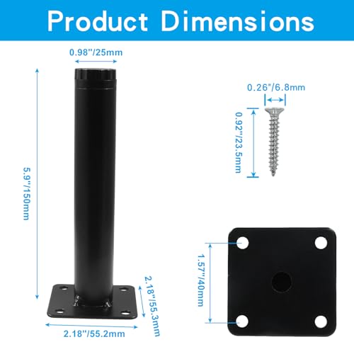 4 Pcs 6"/150mm Metal Furniture Legs Black Adjustable - size: 6 inches