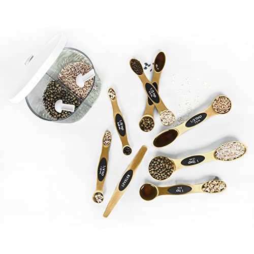 Magnetic Measuring Spoons Set Stainless Steel with Leveler, Stackable Metal Tablespoon Measure Spoon for Baking, Measuring Cups and Spoon Set Kitchen Gadgets Apartment Essentials Fits in Spice Jars - color: Gold
