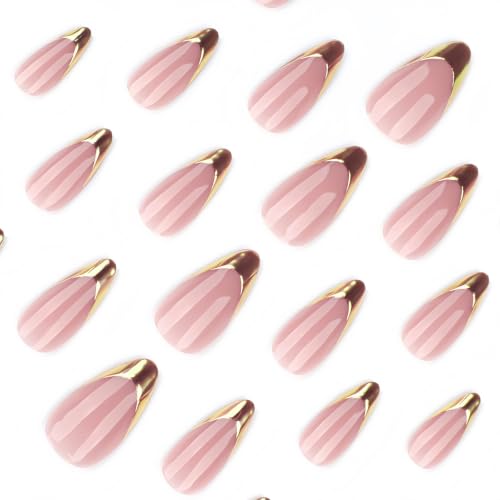 French Almond Press On Nalis Medium, Nude Fake Nails with Elegant Gold-Edged French Tip Design, Glossy Gel Finish Acrylic Nails, Reusable Glue On Nails for Women, Natural Stick On Nails Kit - color: 73-Gilded French