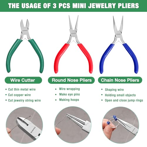 WORKPRO Jewelry Pliers Set, 3 Pack Jewelry Making Tool Kit - color: Dark Blue, Dark Green, Red
