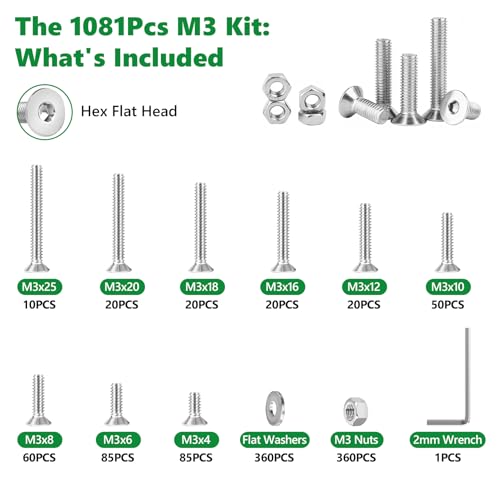 1081 Pcs M3 Flat Head Screws Nuts Washers Wrench Kit, 304 SS - size: SS M3 1081pcs 1