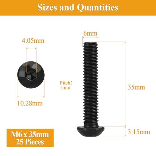 25 Pieces M6 x 35mm Button Head Socket Cap Screws, Thread Pitch 1.0mm, Sutemribor M6 Black Screws, 10.9 Grade Alloy Steel, Black Oxide Finish, Fully Threaded - size: M6 x 35mm, style: Button Head