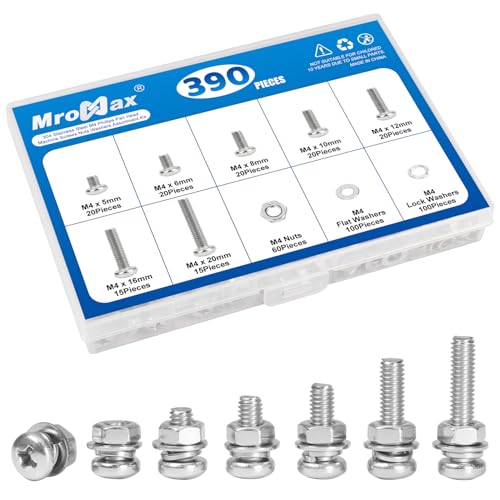 MroMax 390Pcs M4 Phillips Pan Head Machine Screws Kit with Nuts & Washers - size: M4 Assortment Kit