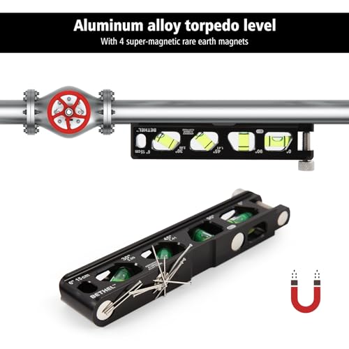 BETHEL 6 Inch Magnetic Torpedo Level with 4 Bubble Vials, V-Groove & Magnetic Rails, Black Aluminum Alloy Construction - color: Black 6in