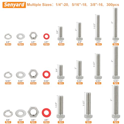 300pcs Hex Bolts and Nuts kit,304 Stainless Steel 1/4-20, 5/16-18,3/8-16 Bolts and Nuts Assortment kit (Lock & Flat Washers), Stainless Bolt Assortment, Stainless Steel Bolts and nut kit - size: 1/4-20, 5/16-18,3/8-16