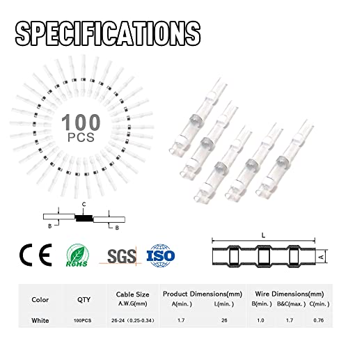 Kuject 100PCS Solder Seal Wire Connectors AWG 26-24, White Solder Seal Heat Shrink Butt Connectors Terminals Waterproof Wire Splice Connector for Marine Boat Wire Joint - size: AWG 26-24 White