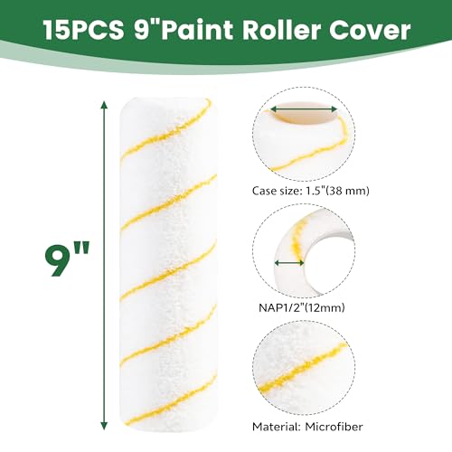 VOOMEY 9 Inch Microfiber Paint Roller Covers, 3/8" Nap 15PCS - size: 9 inch 15pcs