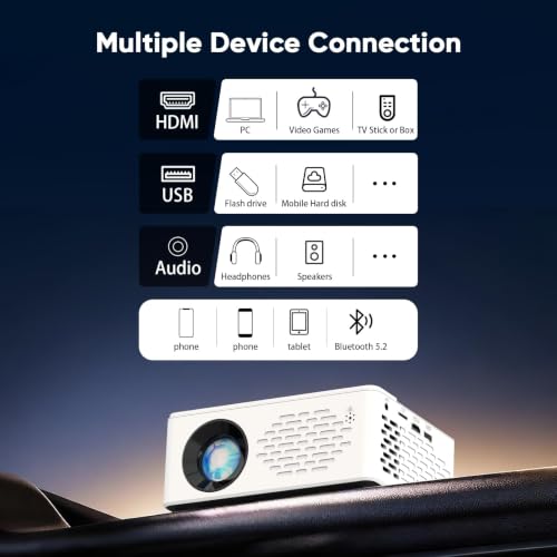 TMY 1080P Mini Portable Projector, 2-way Bluetooth, with 80in Screen