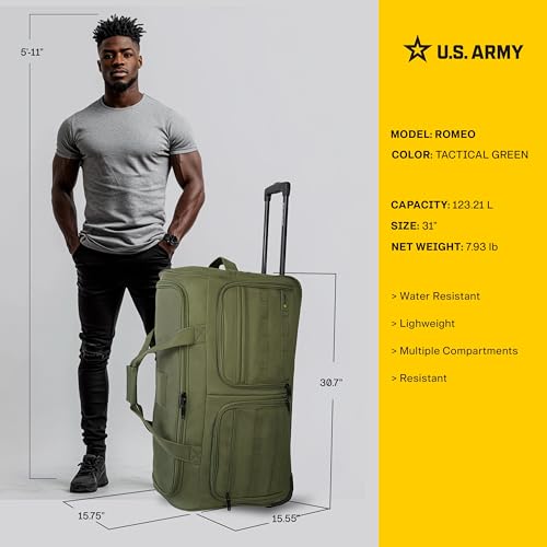 US Army ROMEO 31-inch Large Tactical Duffel Bag with Wheels | Heavy Duty Material, Molle Webbing, Water Resistant Military Rolling Bag for Travel, Deployment, and Camping - Tactical Green - color: Tactical Green, size: 31-inch