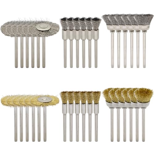 36-Piece Wire Brush Set - Metal Rust Removal, Polishing, Cleaning - Shaft 1/8″ (3mm) - Removes Burrs, Dust, and Oxide Layer - Handles Rough Surfaces - Designed for Industrial and DIY Enthusiasts - style: Set of 36 Wire Brushes with Steel and Brass Mix