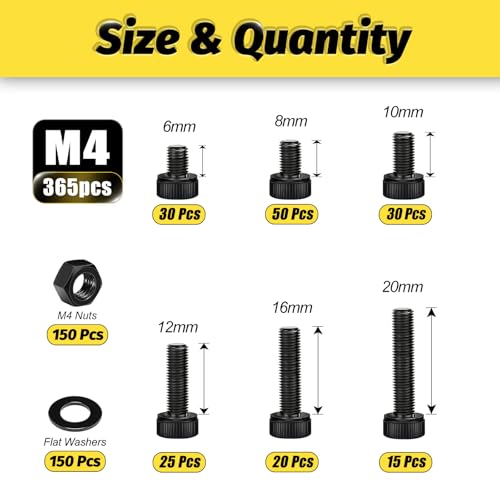 KADRICK 365PCS M4 Screws Kit,Class 12.9 Alloy Steel Hex Socket Head Cap - size: M4 365Pcs