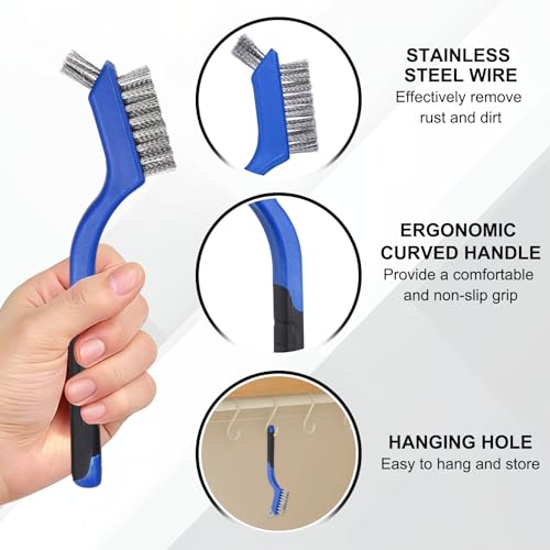 HARFINGTON 6pcs Wire Brushes Stainless Steel Cleaning Brushes with Curved Handle Dual Head for Cleaning Scrubbing Rust Dirt Paint Removal, Blue - color: Blue