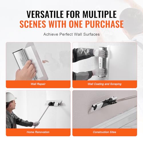 VEVOR Drywall Skimming Blade Set, 7/10/14/16/24 in Skimming Blades + 34-81.6 in Extension Handle Pole, Stainless Steel Knife Professional Skim Coat Tools, for Gyprock/WallBoard/Plasterboard - size: 7"+10"+14"+16"+24", style: With Extension Handle