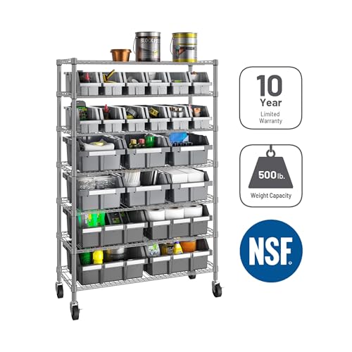 7-Tier NSF 22-Bin Steel Wire Shelving Rack, 36"W x 14"D x 56"H, Gray | 22 slide-out bins with tilt-lock design keep supplies organized and accessible - color: Gray, size: 22 Bin